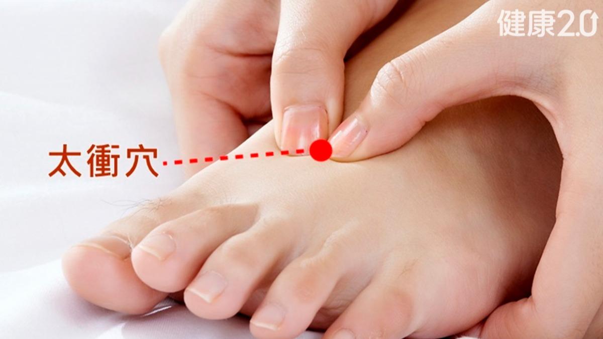 按壓太衝穴助緩解肝氣鬱結。(圖/健康2.0)