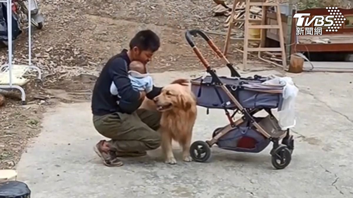 嬰兒父親抱住嬰兒,也摸摸寶貝愛犬作為感謝。(圖/美聯社)