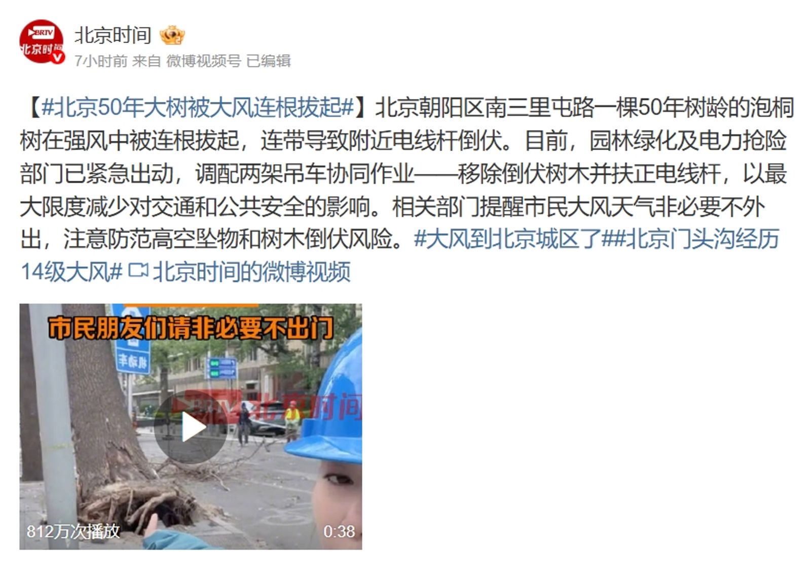 受極端大風影響,北京一棵50年大樹遭連根拔起。(圖/翻攝自微博@北京時間)