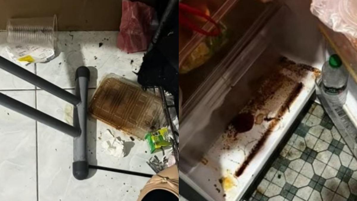 該室友將吃完的垃圾丟在地上,就連冰箱也都是汙垢及空瓶。(圖/翻攝自TikTok@ainnn_n)