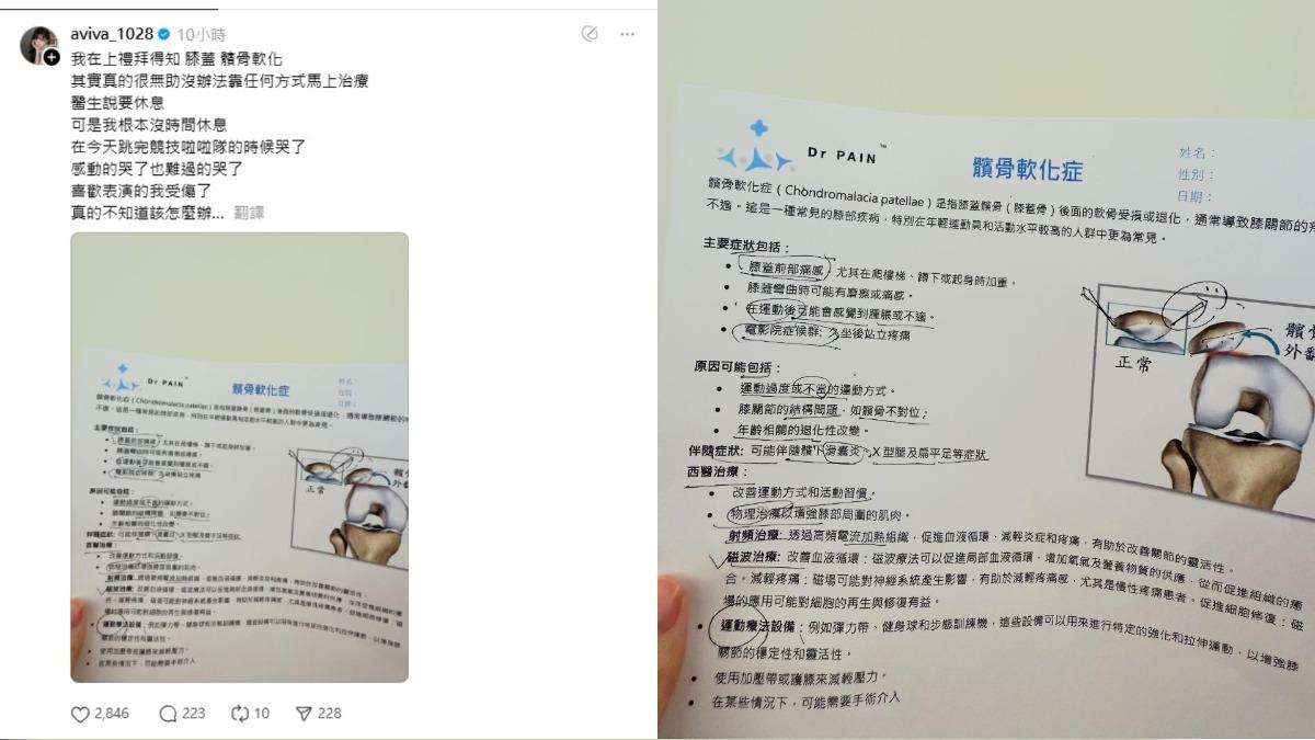李恩菲透露自己膝蓋使用過度造成「髕骨軟化症」,感到難過與無助。(圖/翻攝自李恩菲Threads)