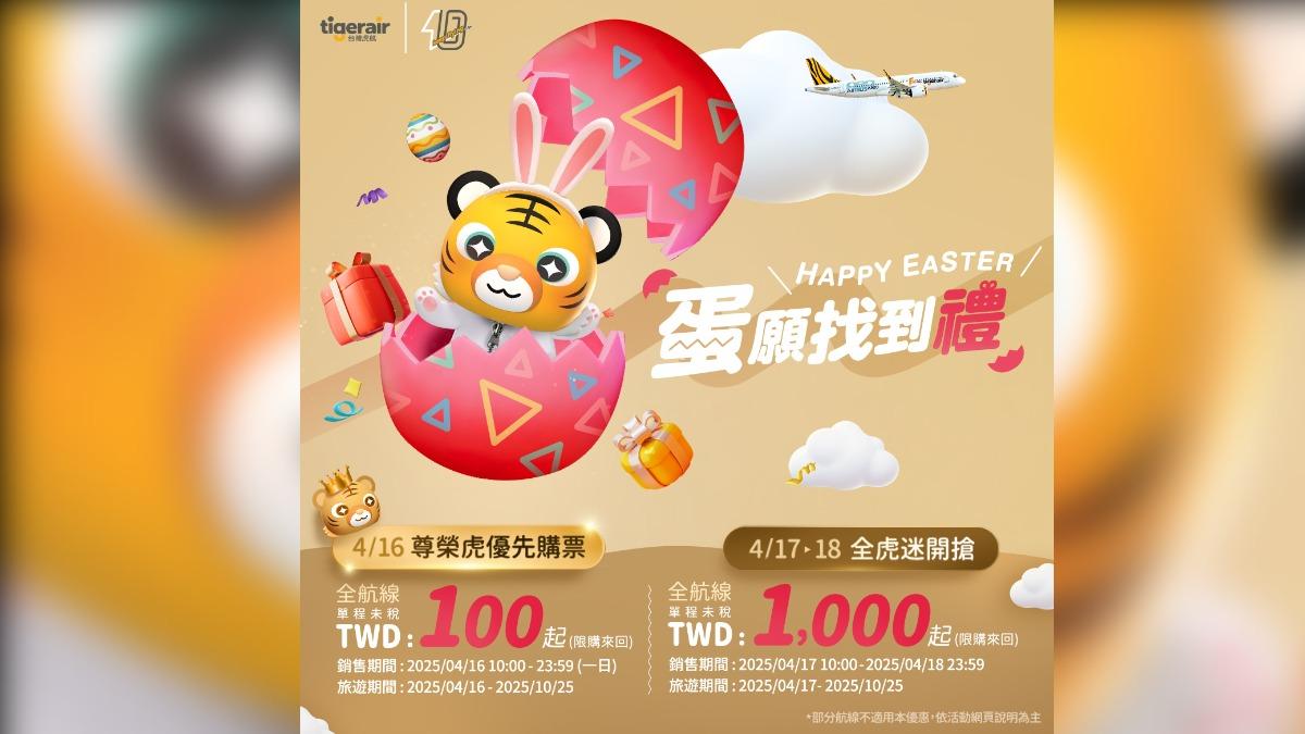 台灣虎航復活節檔期將自4月16日開跑。(圖/翻攝自台灣虎航臉書)