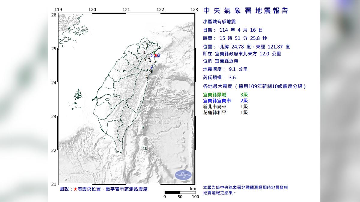 第二起地震發生於下午3時51分。（圖／翻攝自氣象署官網）