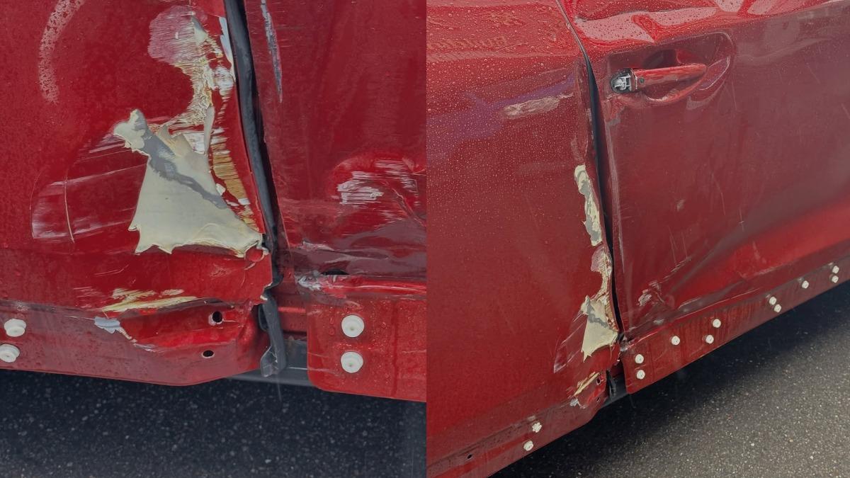 酷炫的車遭擦撞,車門多處凹陷。(圖/翻攝自酷炫IG)