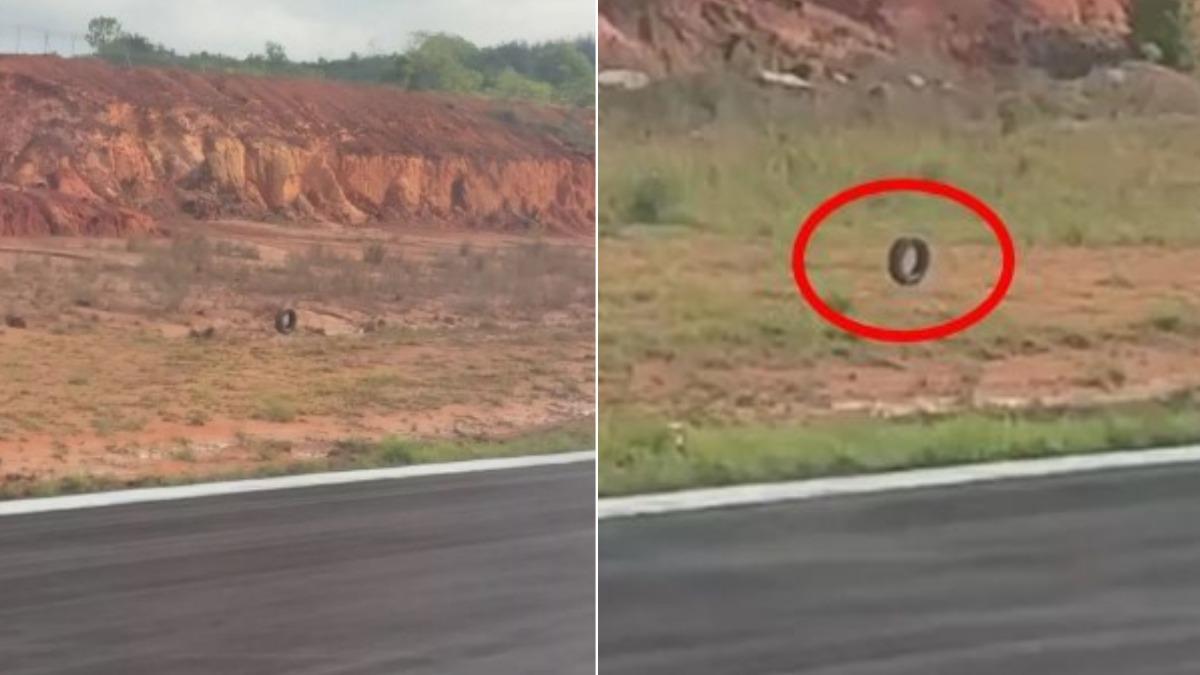 乘客望向窗外時震驚地目睹飛機輪胎噴飛到跑道外。(圖/翻攝自X@officialinews_)