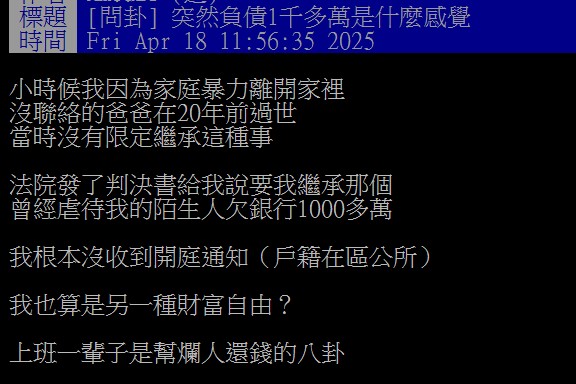原PO因早早離家未聲請限定繼承,突然得知要承擔父親留下的千萬債務。(圖/翻攝自PTT)