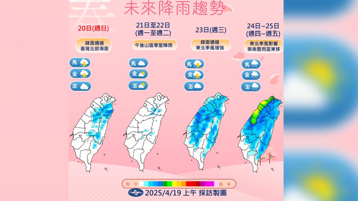 天氣/今北東局部雨 下週東北季風+華南雨區「下到一片黃」