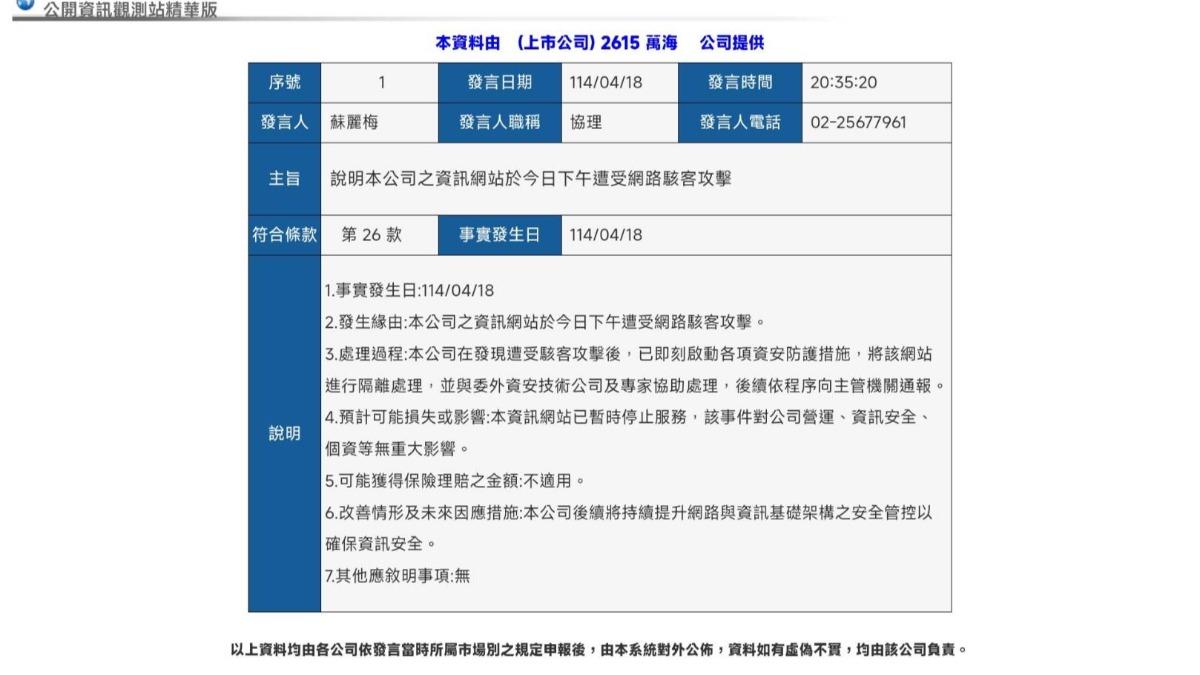 萬海發出重訊。（圖／翻攝證交所公開監測網）