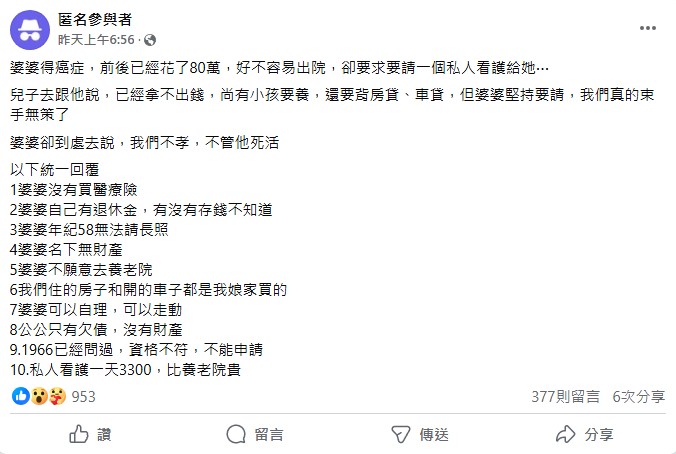 原PO與丈夫拒絕幫婆婆請看護,結果挨罵不孝。(圖/翻攝自「毒姑九賤婆媳討論區」臉書)