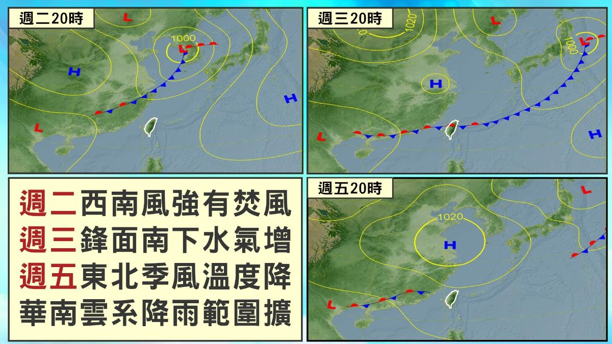 週三起降雨增天氣轉濕涼至週六,週日轉熱氣溫回升。(圖/TVBS)