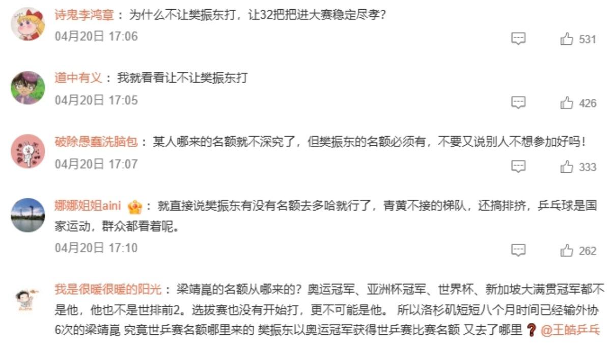 大陸球迷不滿樊振東不在世桌賽參賽名單。（圖／微博）