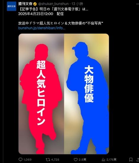 日本八卦媒體《週刊文春》將爆人氣日劇女主角與大咖男星的不倫照。(圖/週刊文春X平台)