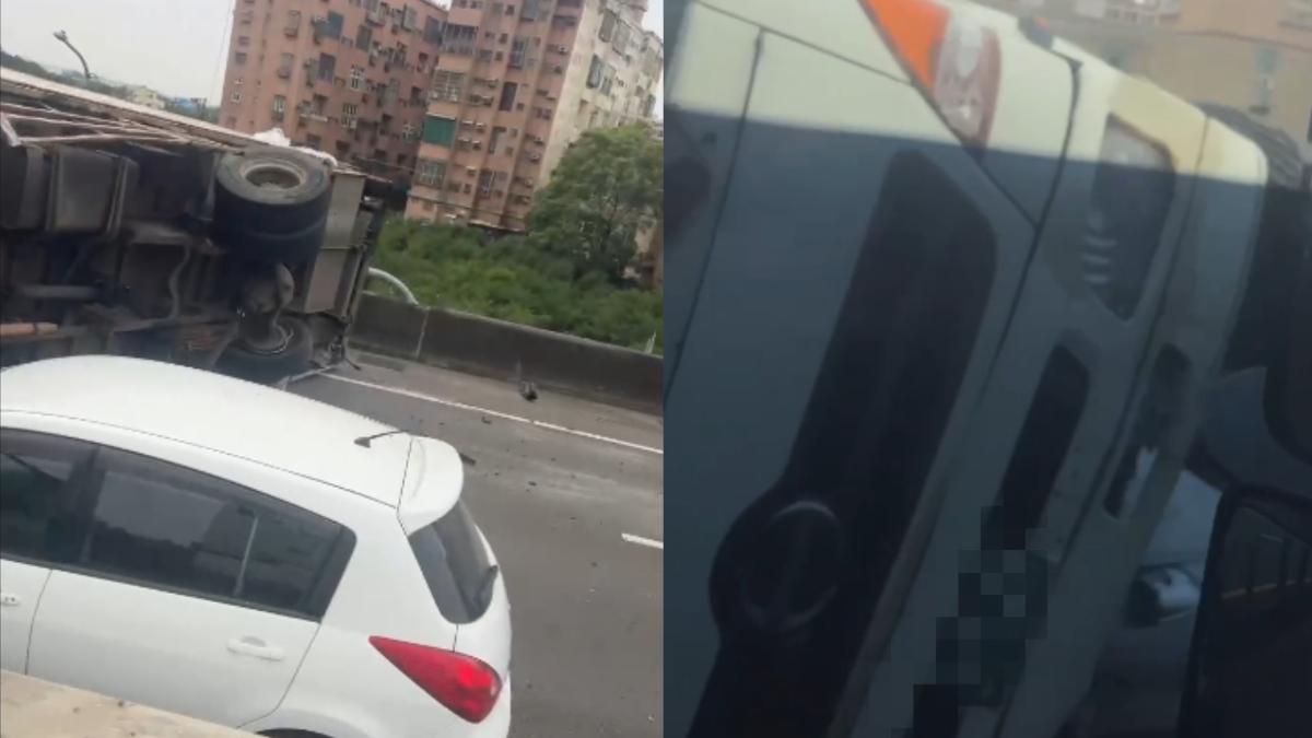 桃園台66線有輛大貨車側翻橫躺車道。（圖／翻攝自記者爆料網）