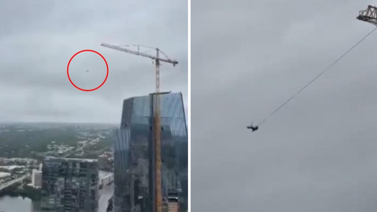 美狂男闖工地高樓!爬起重機吊臂「玩盪鞦韆」驚險畫面曝