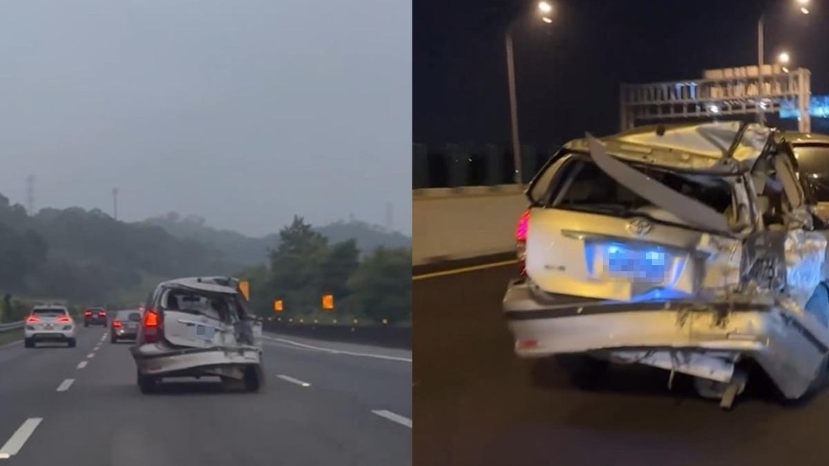 「後保桿歪成ㄣ」尾部半毀!銀色戰車國道照跑3小時 白天開到黑夜