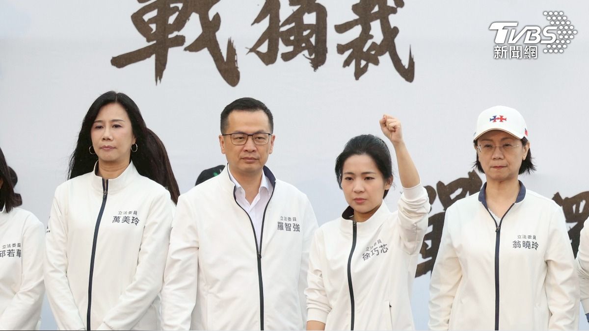 國民黨立委羅智強、許巧芯等上台高喊口號反綠共。(圖/華子琛攝)
