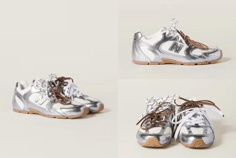 New Balance X Miu Miu 530 SL 金屬色皮革和網眼運動鞋。（圖／MIU MIU提供）