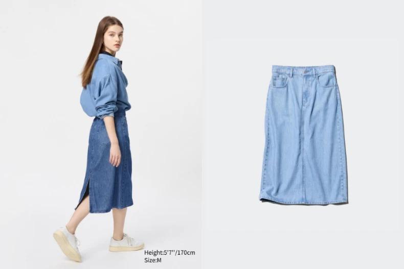 UNIQLO 垂墜感牛仔窄版裙。(圖/UNIQLO提供)