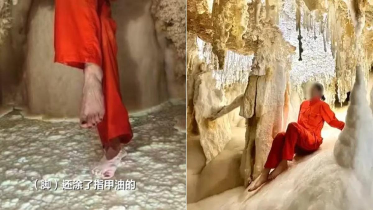 陸女拍美照赤腳伸進「4.8億年晶花池」!指甲油恐污染奇觀