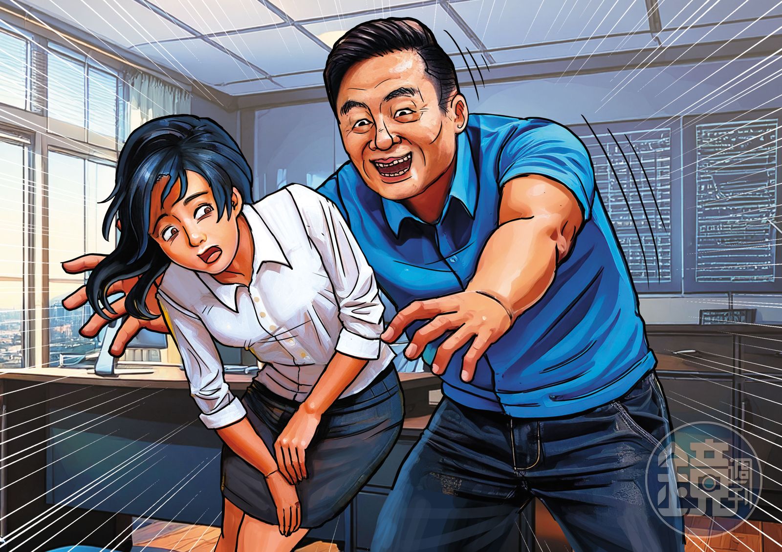 李健育在個人獨立的辦公室內,對女員工猥褻或性侵得逞。(AI繪圖Adobe Firefly生成,本刊美術組後製)