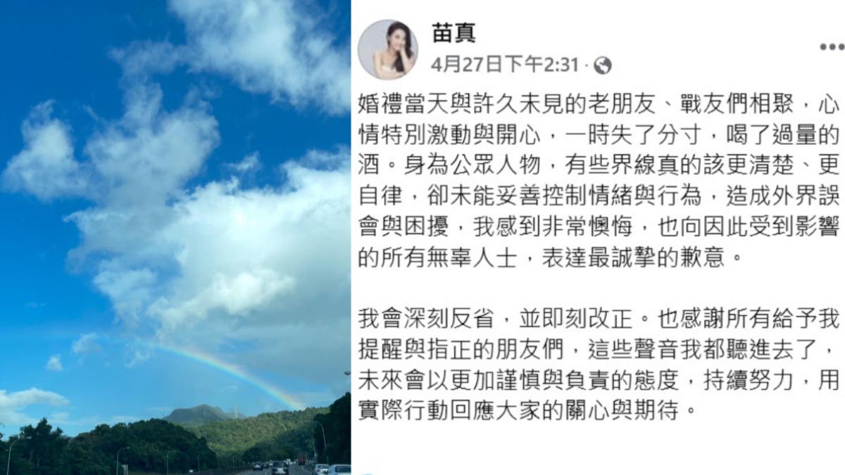 苗真在臉書發文道歉。(圖/翻攝自苗真臉書)