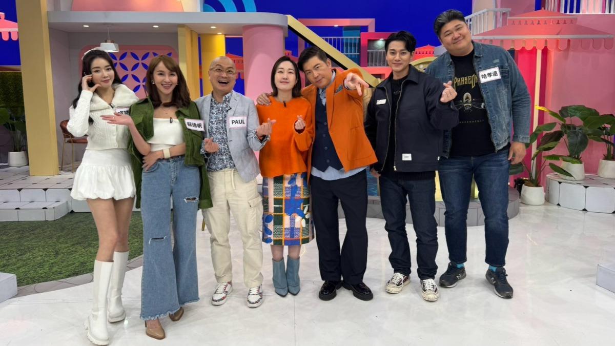 成語蕎(左起)、蔡逸帆、Paul、巴鈺、曾國城、李唯楓、哈孝遠日前錄影。(圖/緯來綜合台提供)