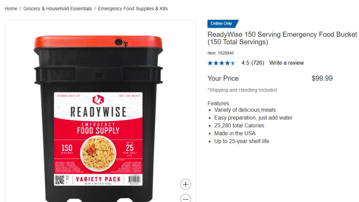 Costco開賣的「末日晚餐桶」。圖為150份餐點的套組。（圖／翻攝自costco.com）