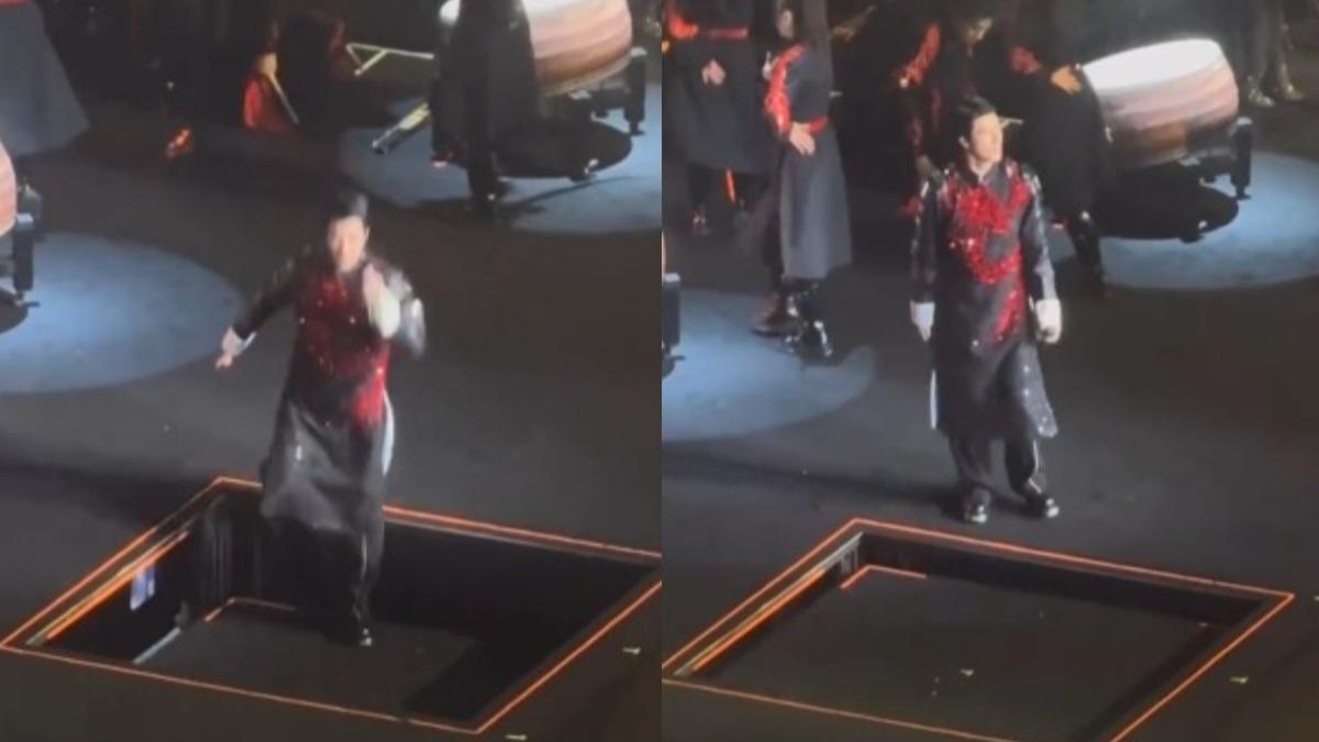 王力宏演唱會升降舞台出包,機關沒等他到定點就下降。(圖/翻攝自艾瑪客代表微博)