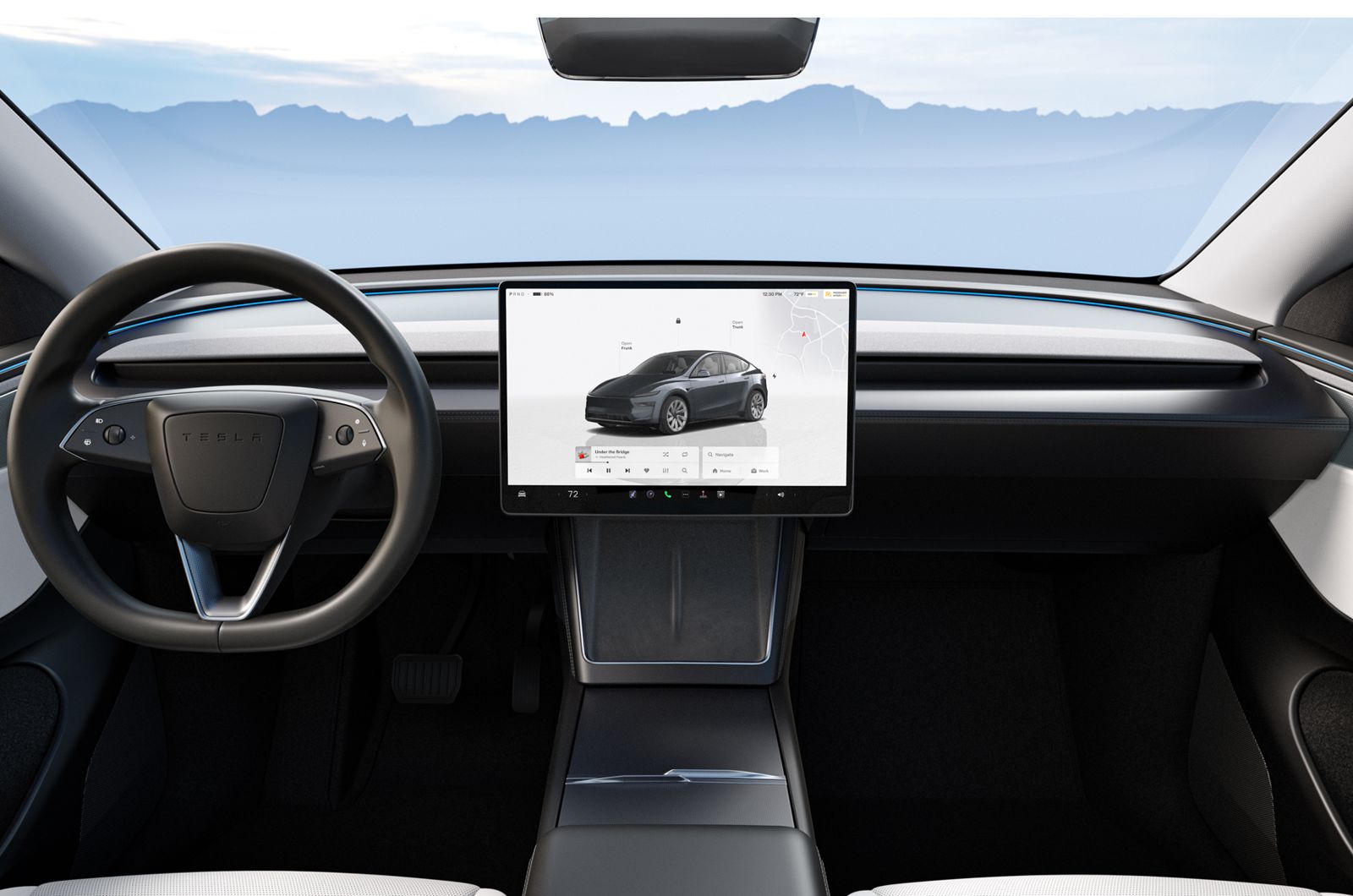 全新 Model Y 具備多項內裝與細節升級,包括環繞式 256 色氣氛燈、15.4 吋高解析度中央觸控螢幕、後排 8 吋觸控螢幕、前排通風座椅、可一鍵自動傾倒的後排加長座椅,以及標準配備的 HEPA 空調過濾系統與全新鍍銀隔熱全景天窗,全方位打造舒適靜謐的純電座艙。(圖/Tesla提供)