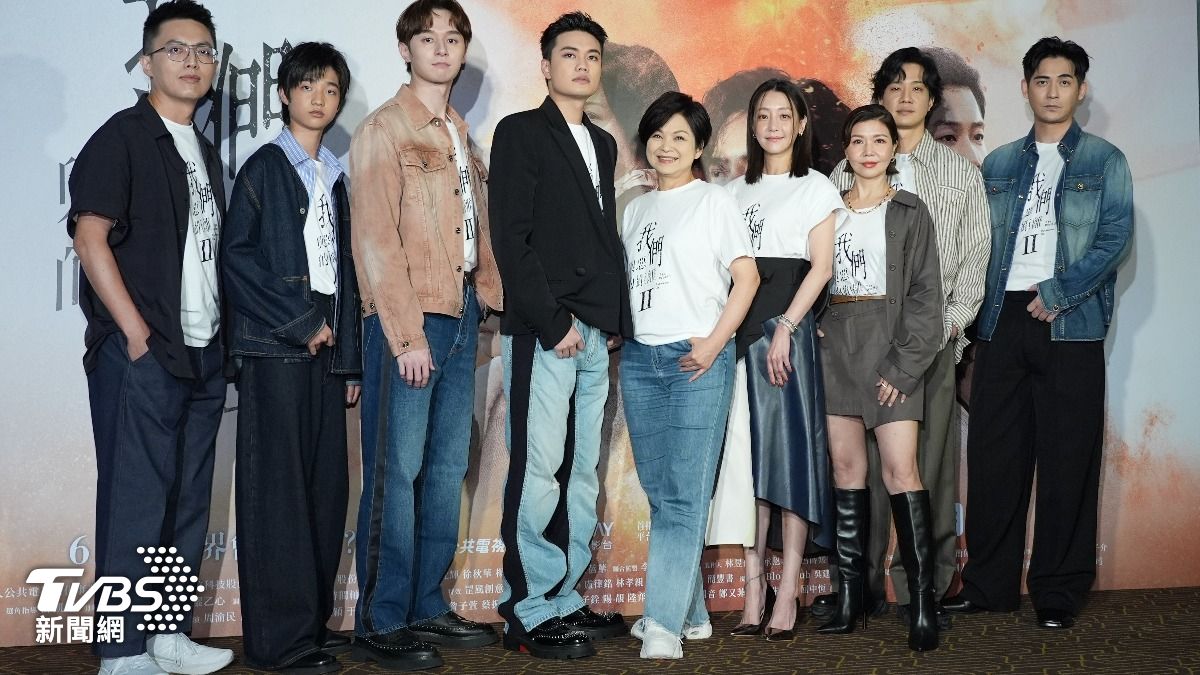 導演林君陽(左起)、白潤音、張軒睿、劉子銓、楊貴媚、謝欣穎、于子育、薛仕凌、周渝民出席記者會。(圖/張哲鳴攝)