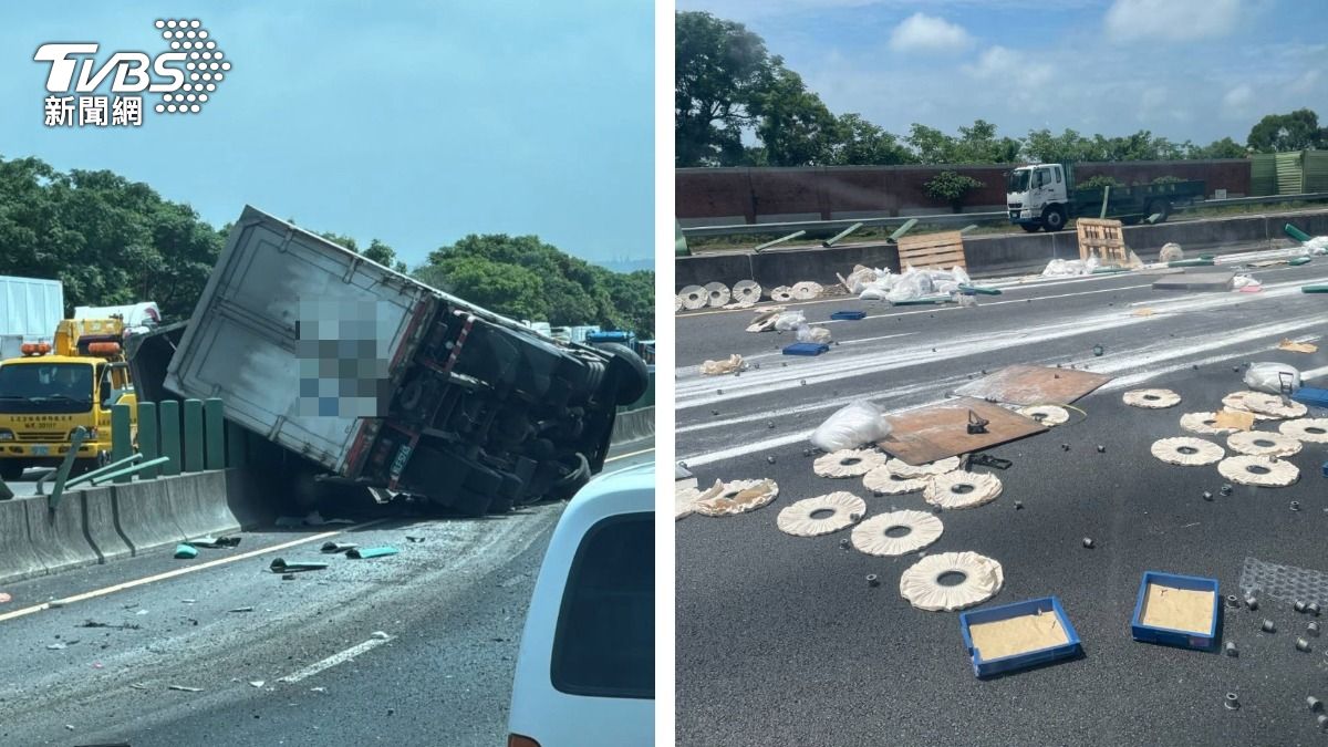 快訊/防眩板噴一片!國3大貨車疑爆胎自撞 癱瘓5車道