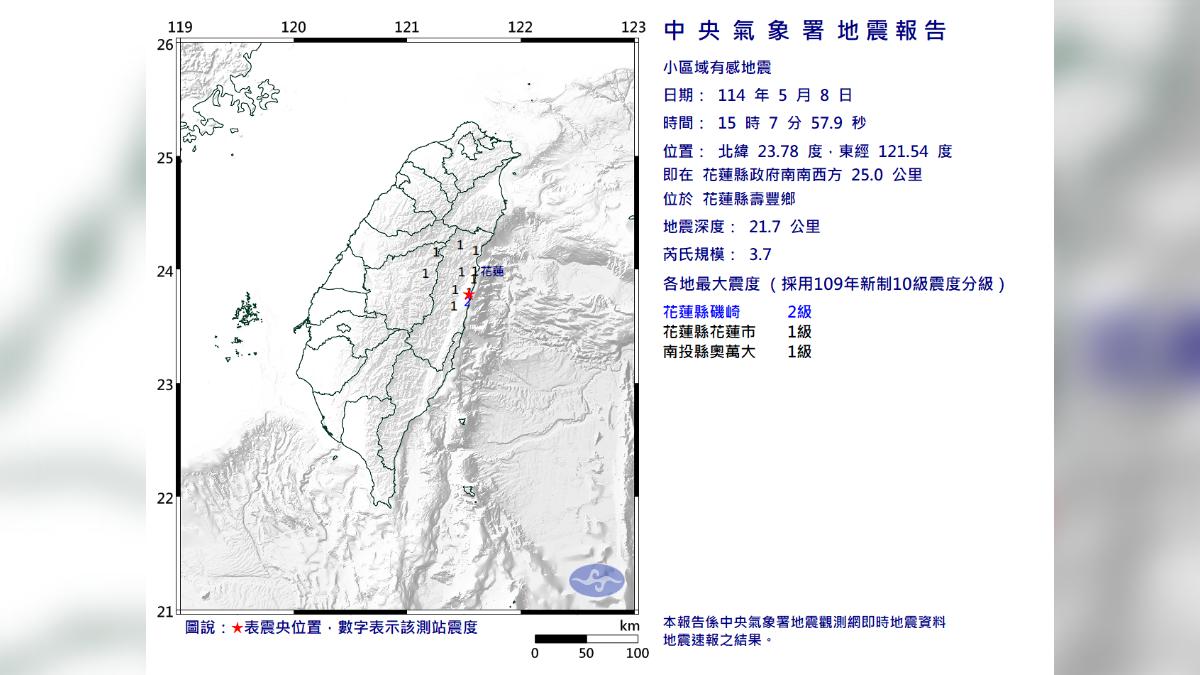 花蓮15:07極淺層地震!規模3.7 最大震度2級