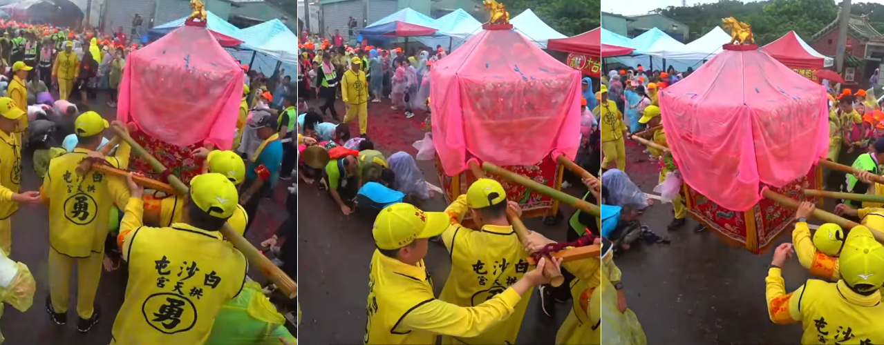 鑾轎急停後,立刻退後。(圖/白沙屯媽祖網路電視台YT)