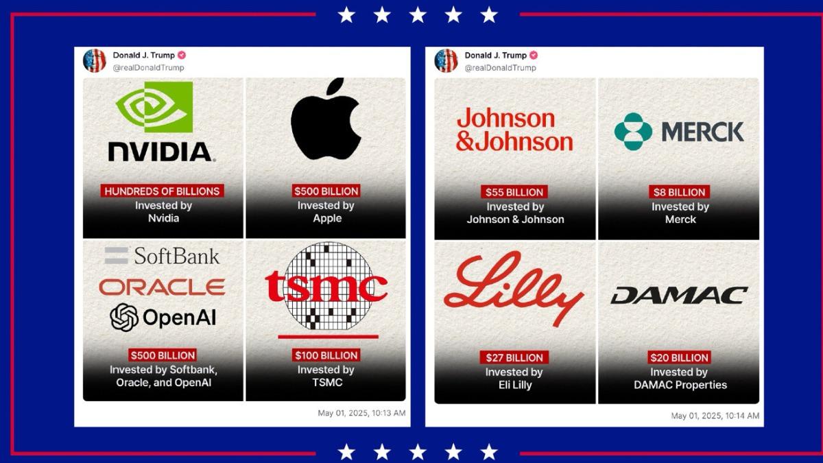川普在自家社群媒體貼出各大企業的投資金額。(圖/取自TruthSocial@realDonaldTrump)