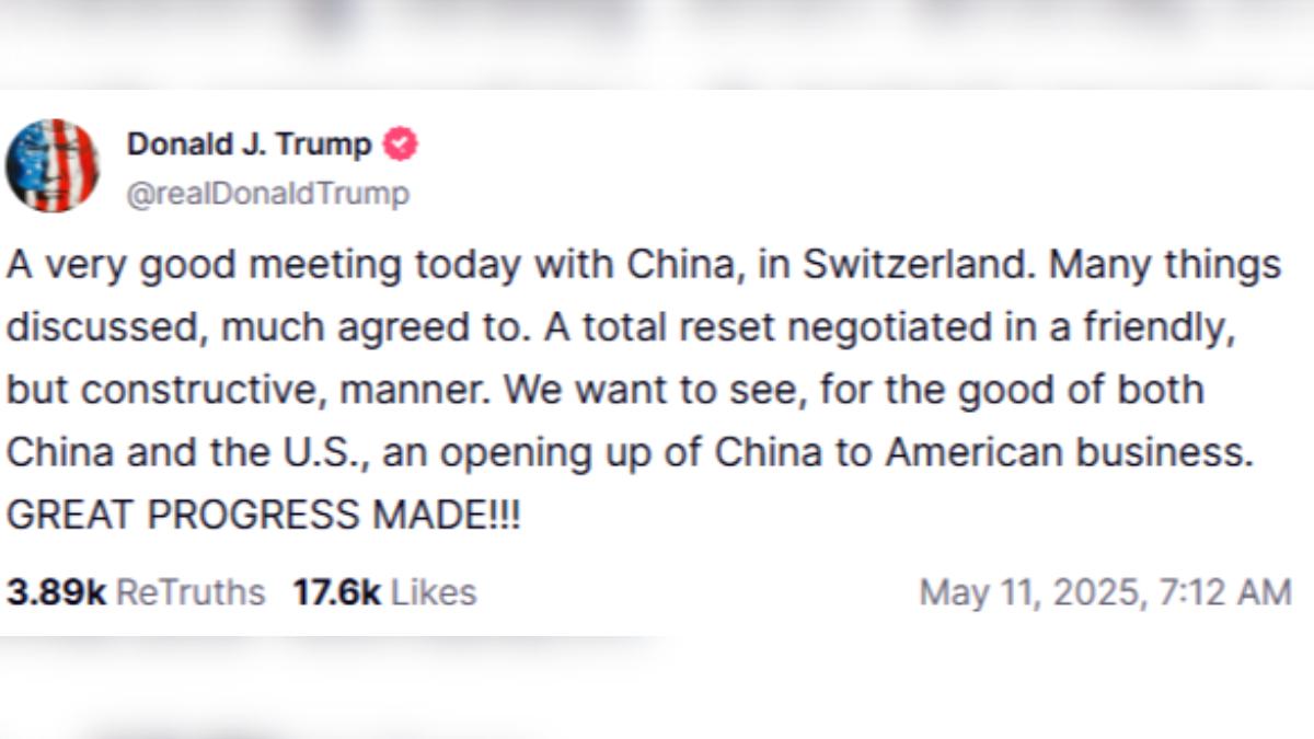 川普在自家社群媒體發文稱中美會談取得重大進展。(圖/翻攝自TruthSocial@realDonaldTrump)