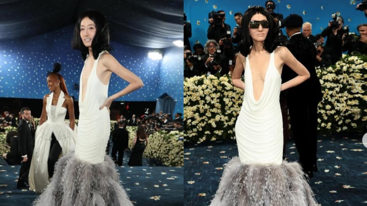 王薇薇穿上自家品牌Vera Wang Haute的超低胸羽毛拖尾白色禮服優雅走紅地毯。（圖／翻攝自IG＠verawang）