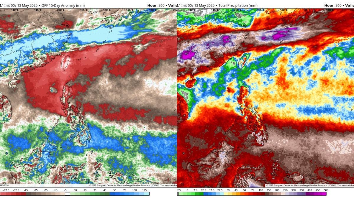 未來15天的降雨距平值預報圖（左）、未來15天的降雨量累積圖（右）。（圖／翻攝自吳聖宇臉書）
