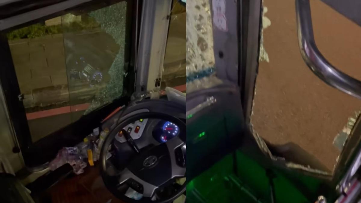 前擋風玻璃碎成蜘蛛網狀,車門及前半部乘客座位玻璃則碎滿地。(圖/翻攝爆料公社)