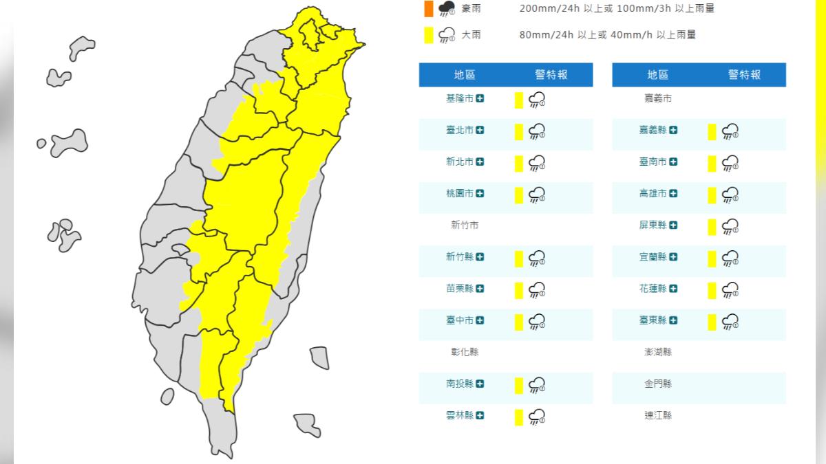 天氣/午後對流旺盛 氣象署發布全台16縣市大雨特報