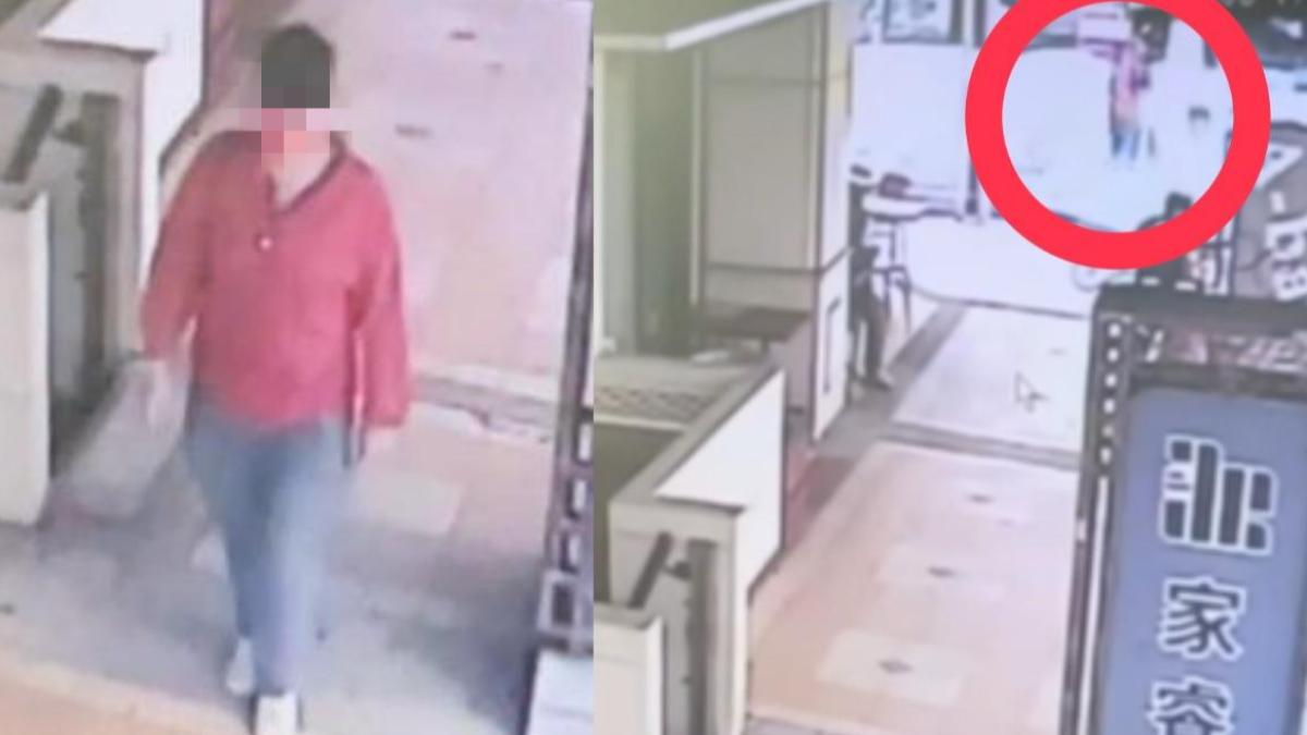 一名陌生紅衣婦人路口突然加速,接著衝撞過馬路的女童。(圖/翻攝自臉書台中市西屯事大小事)