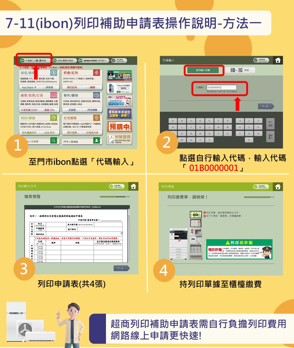 7-11（ibon）列印補助申請操作說明方法一。（圖／翻攝自經濟部能源署）
