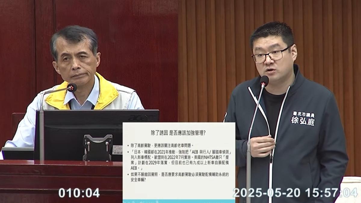 高齡駕駛問題浮現，徐弘庭（右）拋出，繳回駕照免費送北北基月票。（圖／翻攝台北市議會YT頻道）