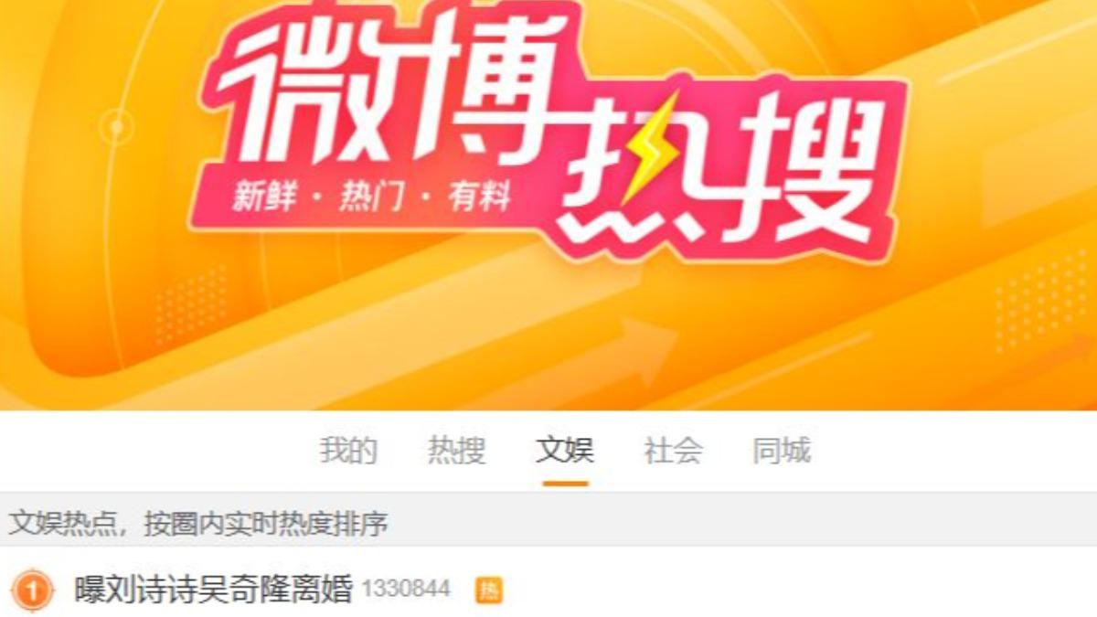 「曝劉詩詩吳奇隆離婚」關鍵字登上微博文娛類熱搜冠軍。(圖/翻攝微博)