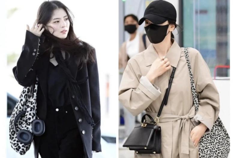 EMIS帆布豹紋包包，是韓國女星的機場穿搭。（圖／翻攝自小紅書@Street-Style-Fashion）