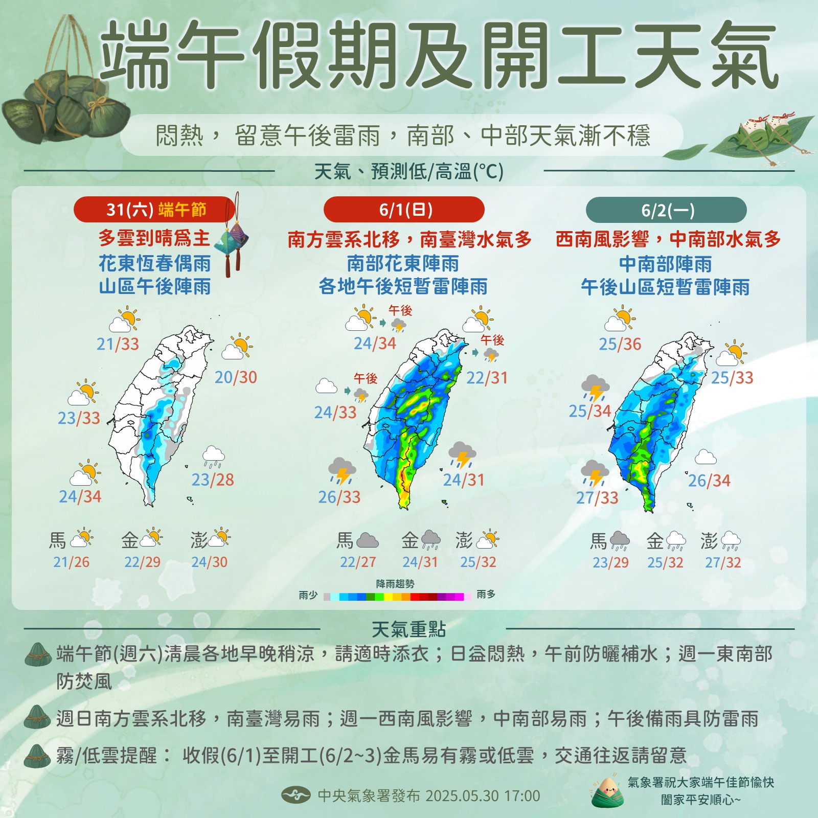明(31)日天氣以多雲到晴為主,花東、恆春地區偶有局部短暫陣雨。(圖/翻攝自中央氣象署粉專)