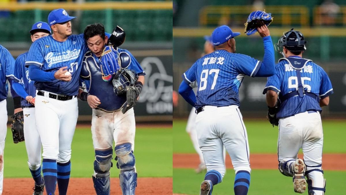 富藍戈順利關門後跟戴培峰調皮。(圖/翻攝自臉書@FubonGuardiansBaseballTeam)