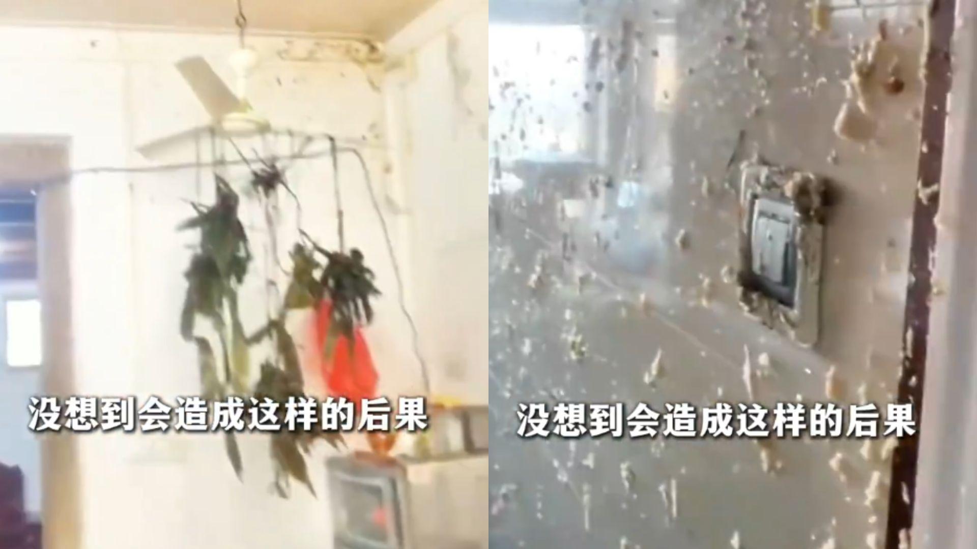 廚房內部一片狼藉，糯米黏滿整片牆壁。（圖／翻攝自微博）