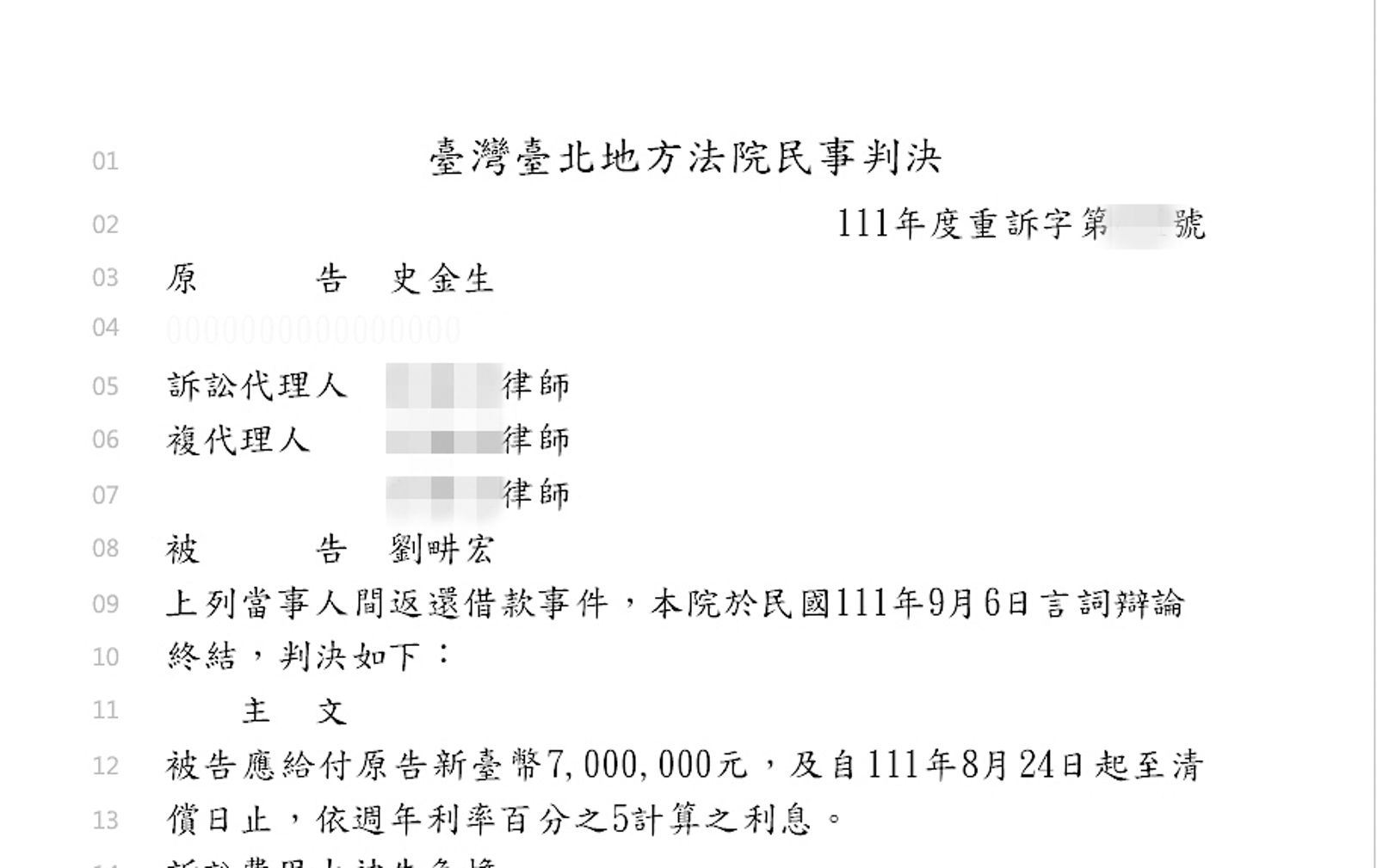 劉畊宏2013年為人作保向史金生借貸700萬元,但最後接連跳票未還錢遭提告。(翻攝自司法院判決書系統)