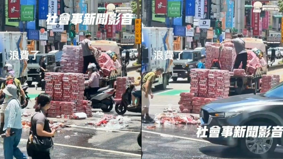 有片/好浪費!貨車綑綁不當釀交通癱瘓 啤酒灑一地畫面曝