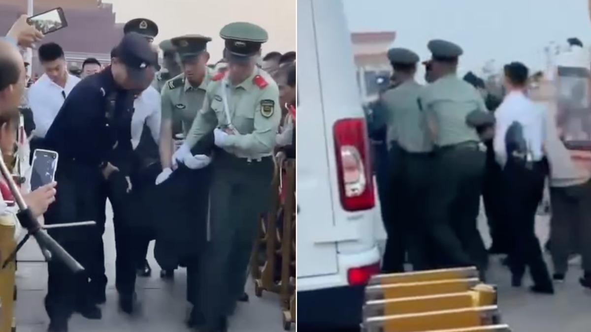 很快就有大量武警人員衝上前將男子壓制，隨後更抬著他的四肢將其帶走。（圖／翻攝自X@whyyoutouzhele）